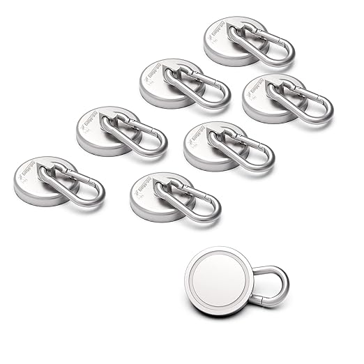 Ant Mag Magnetic Hooks 140LBS Heavy Duty Neodymium Magnet with Swiveling Carabiner Magnet Snap Hook for Indoor/Outdoor Hanging Bag Kitchen Garage Magnet Type Cruise Ship Magnetic Hook (8 Pack)
