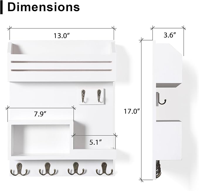 Key Holder for Wall, Wall Mounted Mail Organizer with 6 Metal Key Hooks, Key Racks for Home Entryway Decor, Luxury White