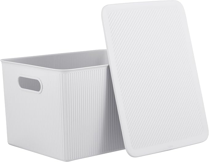 Decorative Plastic Basket Lidded Home Storage Bins Organizer, X-Large White Smoke (1 Pack - 22 Liter) Stackable Container Box, for Organizing Closet Storage Bins for Shelves - Ribbed Collection