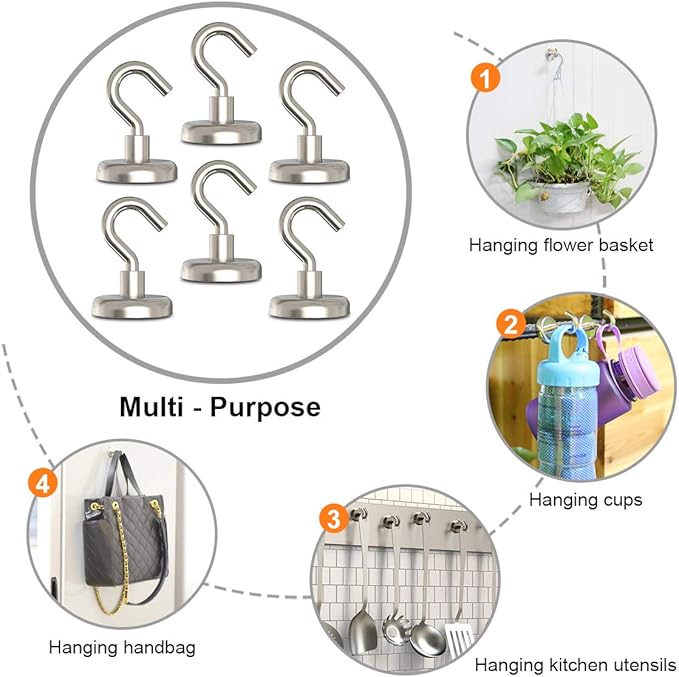 Magnetic Hooks Heavy Duty, 110 lbs Strong Magnet Hooks for Hanging, Magnet with Hook for Cruise, Refrigerator, Pack of 6