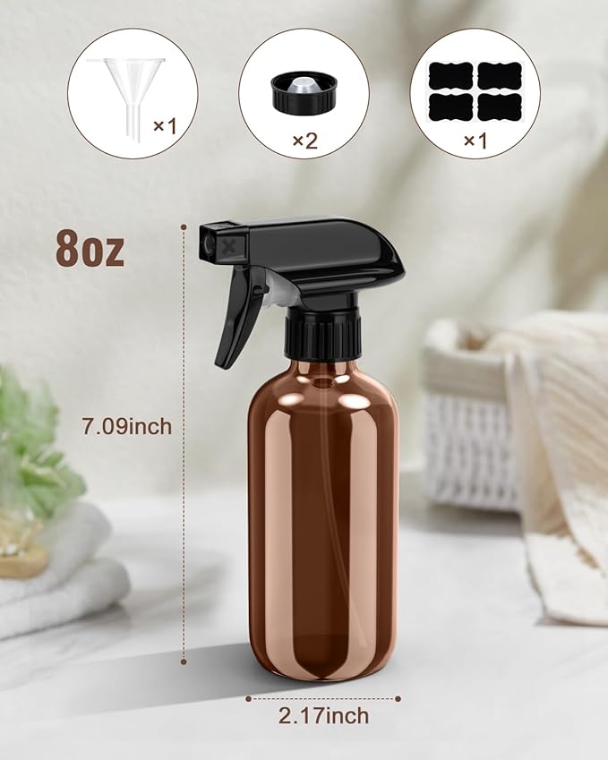 Glass Spray Bottle, Amber Glass Spray Bottle Set & Accessories Refillable for Plants Window Cleaners Aromatherapy Facial Hydration Watering Flowers Hair Care (2 Pack/8 oz) (Amber)