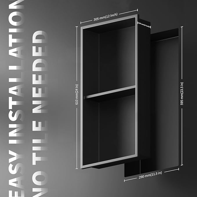 Homevacious 12"×24" Stainless Steel Shower Niche No Tile Needed Matte Black Double Shelves Bathroom Niche Shelf Rimless Recessed Wall Niche for Bathroom Storage