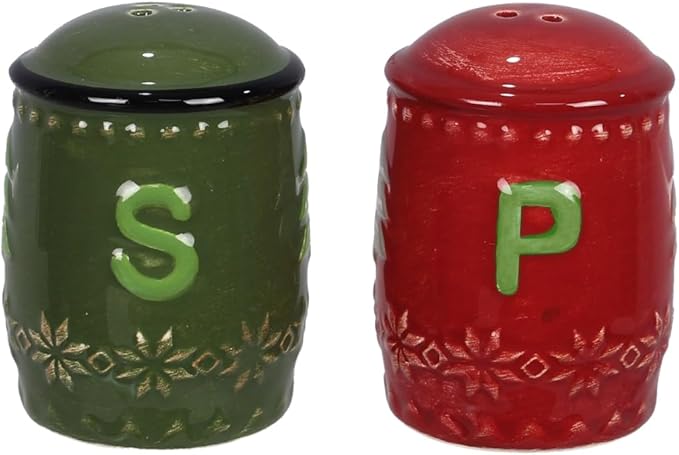 Young’s Inc Ceramic Salt Shaker, Christmas Holiday Salt and Pepper Set, Red & Green S/P Seasoning Set, Modern Kitchen Décor and Accessories, Spice Set