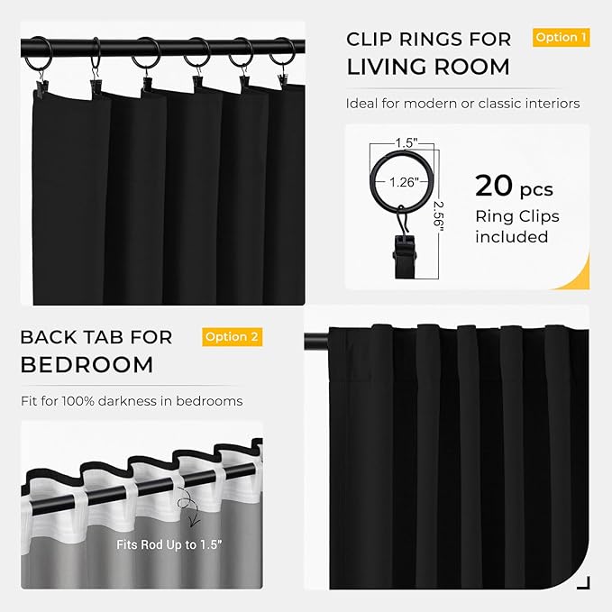 INOVADAY 100% Blackout Curtains for Bedroom, Black Out Curtains 84 Inch Long, Clip Rings Linen Blackout Drapes, Thermal Insulated Room Darkening for Living Room, 2 Panels - Black,W50xL84