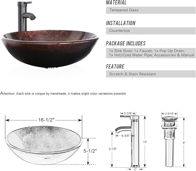 eclife 24" Bathroom Vanity Sink Combo Cabinet Modern Stand Pedestal Bronze Round Tempered Glass Vessel Sink & 1.5 GPM Water Save Faucet & Solid Brass Pop Up Drain (A09 B16BR)