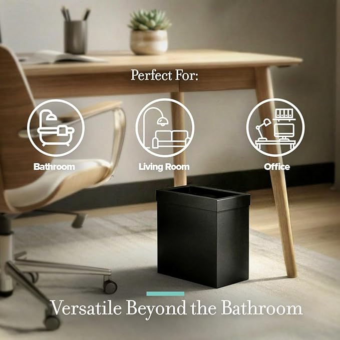 Gatco Small Bathroom Trash Can with Lid, Rectangle 3 Gallon Stainless Steel Wastebasket, Under Sink, Matte Black, for Bathroom, Bedroom, Office (1918)