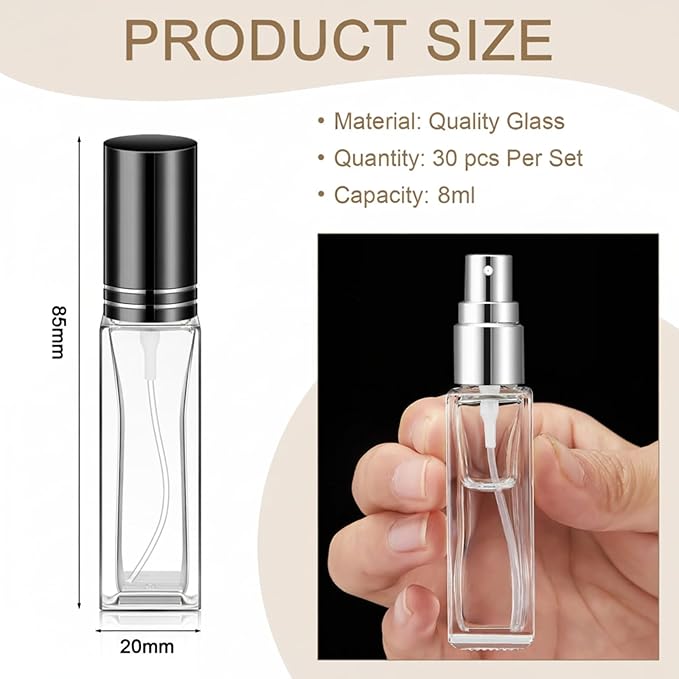 Domensi 30 Pcs 8 ml Empty Glass Perfume Bottles Bulk - Gold,Silver,Black Refillable Cologne Spray Atomizer with Pump, for Travel, Skincare, Haircare, Cleaning & DIY Essentials
