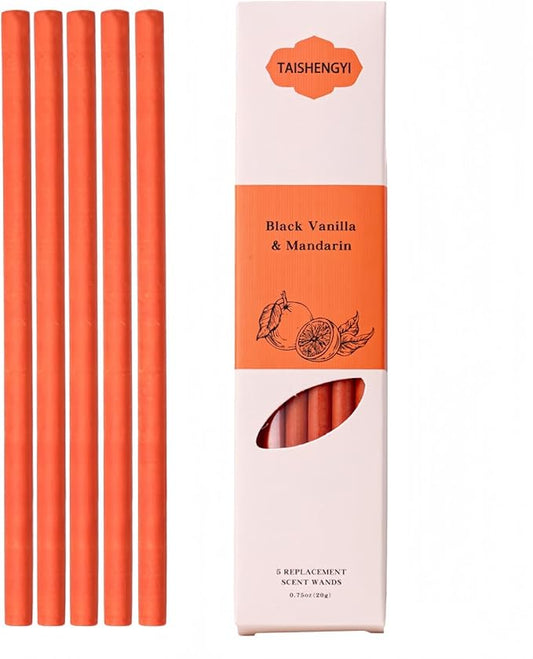 Non-Toxic Air Freshener Stix - Natural Essential Oils Infused, 30 Days Long-Lasting Freshness, 5 Pcs 6" Per Pack for Car Home Office，Ceramic Base not Included (Black Vanilla and Mandarin)