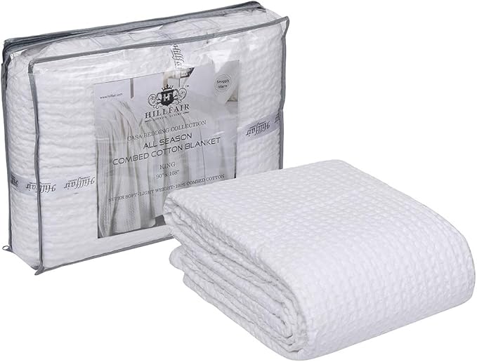 HILLFAIR 100% Combed Cotton Blanket– King Size Bed Blankets– Warm Soft All Season Breathable Lightweight Summer Blankets– Waffle Weave Home Decor Bed Blanket- White King Bed Cotton Blankets/Bedcovers