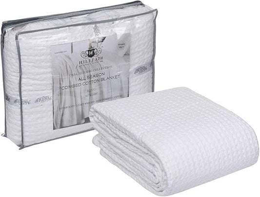 HILLFAIR 100% Combed Cotton Blanket– King Size Bed Blankets– Warm Soft All Season Breathable Lightweight Summer Blankets– Waffle Weave Home Decor Bed Blanket- White King Bed Cotton Blankets/Bedcovers