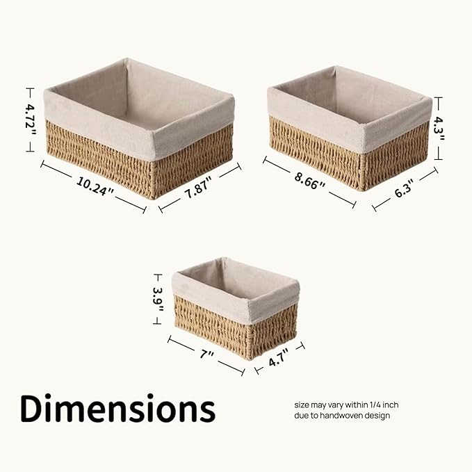 Set of 3 Wicker Storage Baskets for Shelves with Removable Linen Liner, Nesting Woven Organizer Bins for Pantry, Bathroom Counter, Closet, Dresser