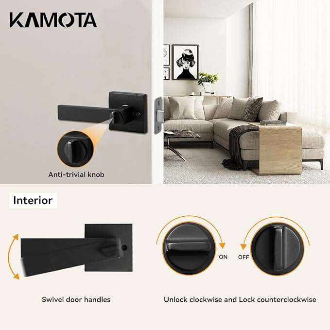 KAMOTA Privacy Door Levers, 5 Pack Matte Black Door Handles Bed and Bath Door Locks Interior Keyless Locksets, Left and Right Hand Reversible