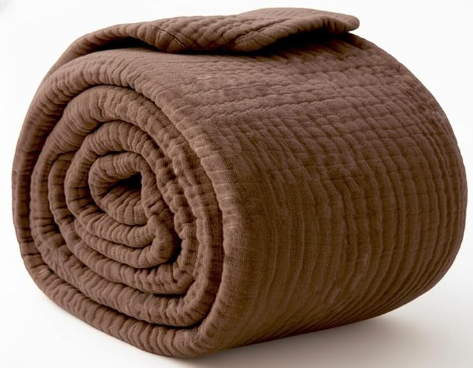 KyraHome 100% Organic Cotton Throw Blankets for Couch, 50" x60“, Pre-Washed Breathable Lightweight Gauze Muslin Blankets for Adults, Kid, All-Season, Brown