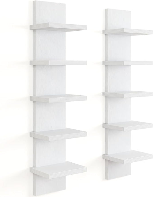 5 Tier Wall Shelf Unit, Decorative Wall Mount Vertical Shelving, Floating Storage Home Decor Organizer Tall Tower Design Utility Shelving Bedroom Living Room, Modern White 2Pack