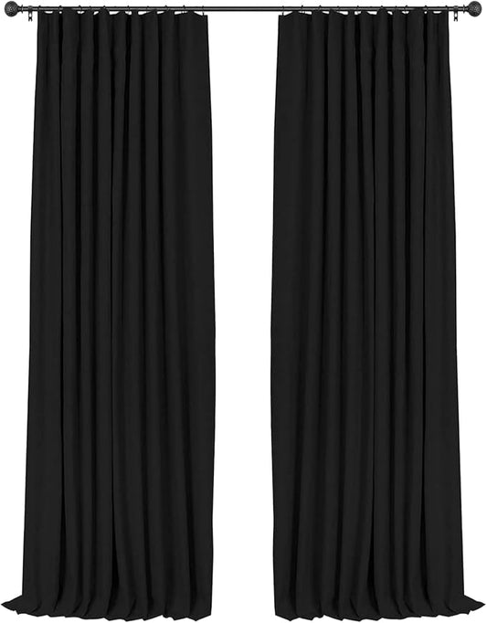 INOVADAY 100% Blackout Curtains for Bedroom, Black Out Curtains 84 Inch Long, Clip Rings Linen Blackout Drapes, Thermal Insulated Room Darkening for Living Room, 2 Panels - Black,W50xL84