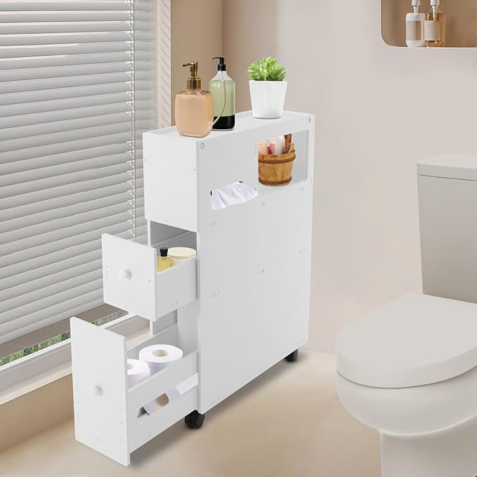 Toilet Paper Holder Stand - Narrow Floor Storage Cabinet with Drawers for Small Bathrooms - White