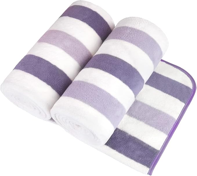 Microfiber Bath Towels, Bath Towel 2 Pack 30" x 60", Oversized, Soft, Super Absorbent and Fast Drying, Multipurpose Bathroom Towel Set for Sport, Fitness, Yoga, Coral Fleece Stripe Purple