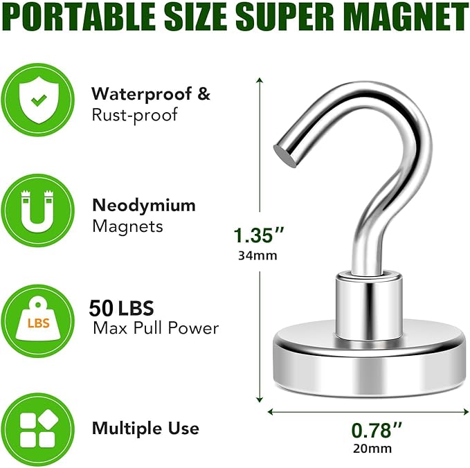MIKEDE Magnetic Hooks Heavy Duty, 50lbs Earth Magnets with Hooks for Refrigerator, Strong Magnets with Rust Proof Metal Hooks for Cruise Cabins, Classroom, Outdoor - Pack of 20