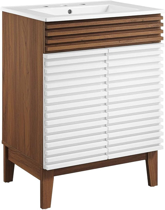Modway Render Mid-Century Bathroom Vanity with Sink in White Walnut White