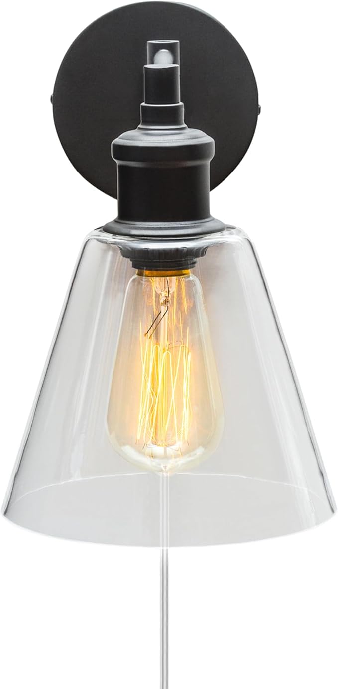 Globe Electric 65311 1-Light Plug-in or Hardwire Industrial Wall Sconce, Dark Bronze Finish, On/Off Rotary Switch, 6ft Clear Cord, Clear Glass Shade, Wall Lights for Living Room, Apartment Essentials