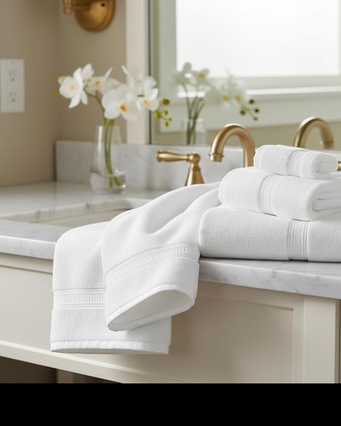 HOME ESSENTIALS White 8 Piece Bath Towel Set, 100% Cotton Soft & Super Absorbent Towels for Bathroom – 2 Large Bath Towels, 2 Hand Towels, 4 Washcloths, Quick Dry for Home, Gym & Spa