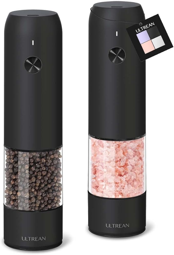 Ultrean Pepper Grinder, Rechargeable Salt and Pepper Grinder with 6 Adjustable Coarseness, LED Light, Automatic Grinder for Kitchen, Home and Kitchen Appliances Birthday Gifts for Women, Black