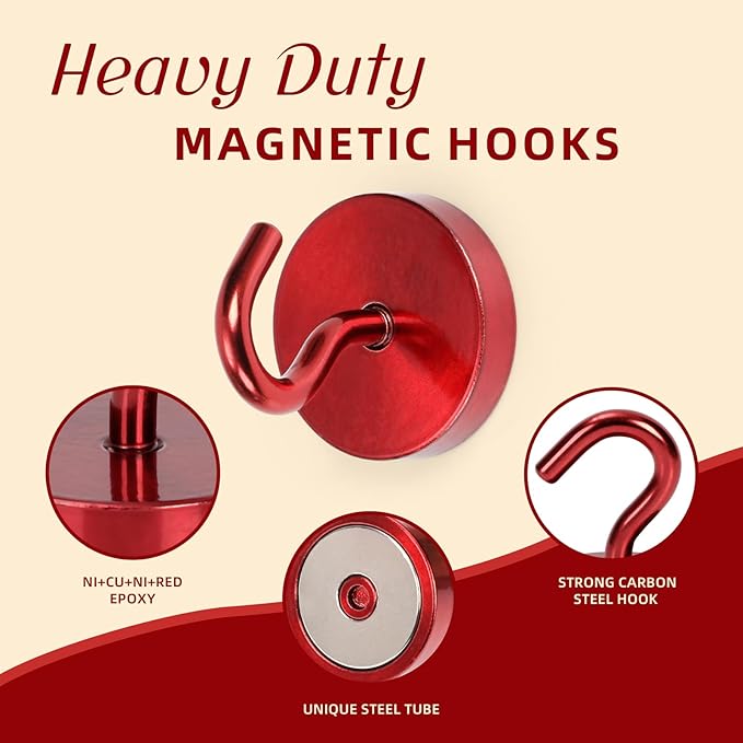 Neosmuk Magnetic Hooks, Cruise Ship Essentials, 120lb+ Heavy Duty Magnetic Hooks for Cruise Cabins, Refrigerator, Grill, Hanging, and Travel | Extra Strong Must-Haves Magnet Hook,Red