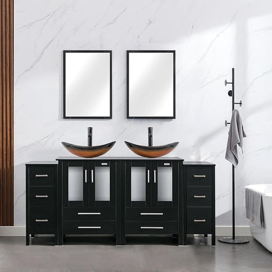 eclife 72" Modern Bathroom Vanity Sink Combo Freestanding Cabinet with Small Side Cabinet, Brown Boat Glass Vessel Sink, Water Save Faucet, Drain (Black+A29BR)