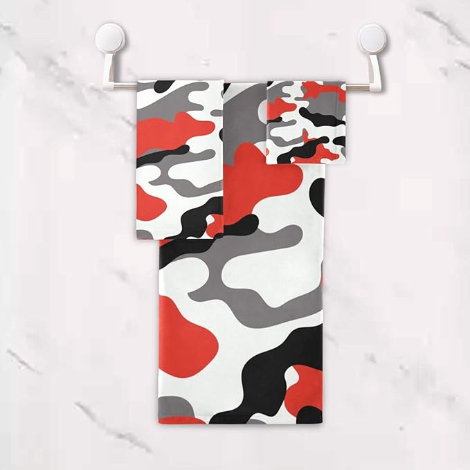 3 Piece Red Black Camo Bath Towels Set,Microfiber Decorative Camouflage Military Army Hunting Themed White Gray Bathroom Towels,1 Bath Towel 1 Hand Towel for Kitchen,1 Washcloth for Body Face