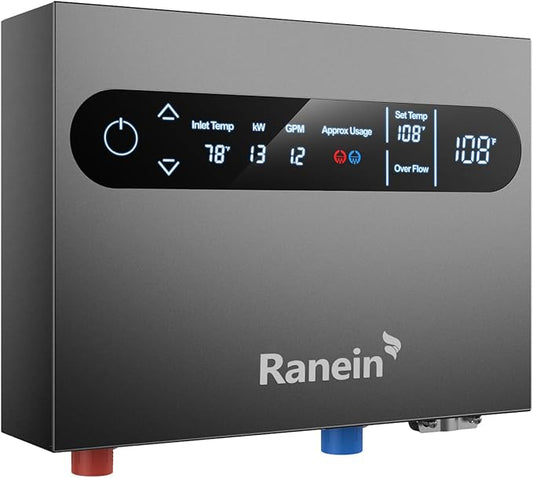Ranein 13kW Tankless Electric Water Heater, 240V on Demand Instant Endless Water Heater with LED Temperature Display, Up to 3.1 GPM for 1-2 Point of Use