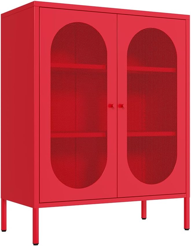 Red Metal Locker Storage Accent Cabinets with 2 Adjustable Shelves, 3 Tier Metal Storage Cabinet with Legs, Steel Cupboard Lockers for Kids Bedroom, Home, Office, Entryway, Kitchen (Mash Door)