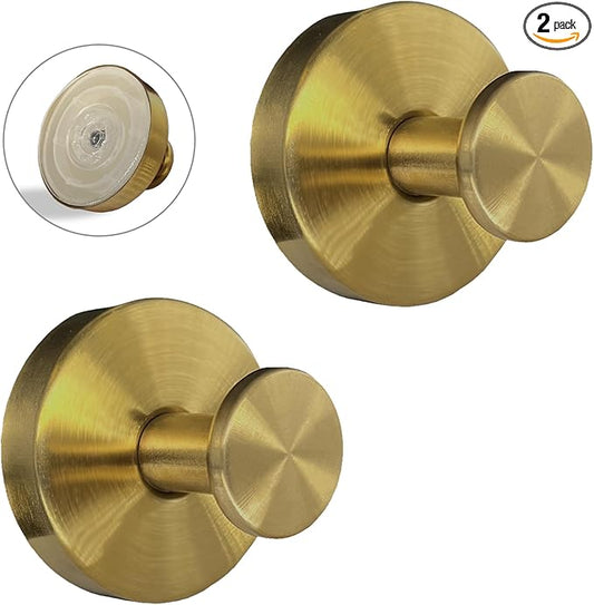 Suction Cup Hooks for Shower - 2 Pack, Gold - Stainless Steel, Strong Suction, No Drill, Removable Hanger, Tile Bathroom Kitchen Wall, Glass Door, Mirror Hook Hanging Robe, Towel Holder