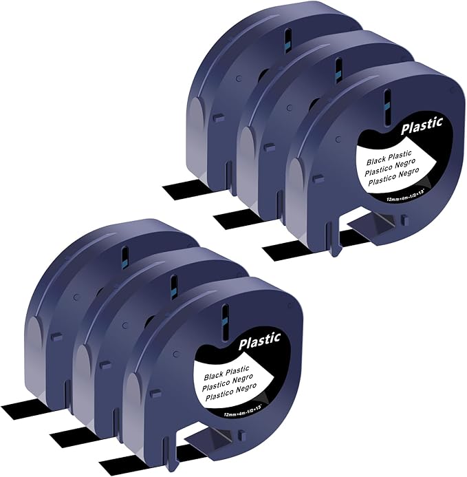 6 Pack Compatible for Dymo Label Maker Refills 913318 White on Black Plastic Label Maker Tape 12mm x 4m (1/2" x 13') for Dymo Letra Tag Refills 200B LT100H LT100T LT110T