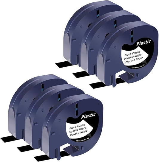 6 Pack Compatible for Dymo Label Maker Refills 913318 White on Black Plastic Label Maker Tape 12mm x 4m (1/2" x 13') for Dymo Letra Tag Refills 200B LT100H LT100T LT110T