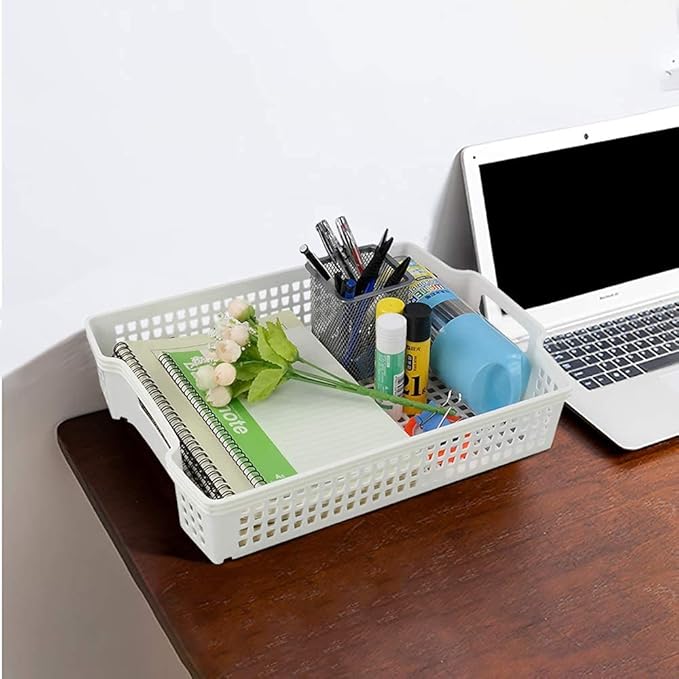 6-Pack Stacking Plastic Storage Baskets, White Paper Storage Basket Tray