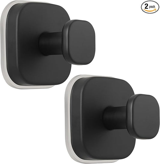 Suction Cup Hooks for Shower - Reusable No-Drill Mounting - Hooks for Towels, Robes & Loofah on Metal, Glass, Mirrors, Tile & Smooth Non-Porous Surfaces (2, Matte Black)