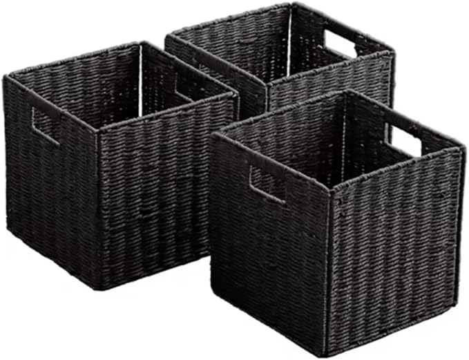 10.5x10.5'' Set of 5 Cube Storage Baskets, Natural Black Paper Rope Multipurpose Collapsible Organizers, Woven Laundry Totes for Laundry, Storage Cubes,Wicker Baskets Laundry Organizer Totes for Home