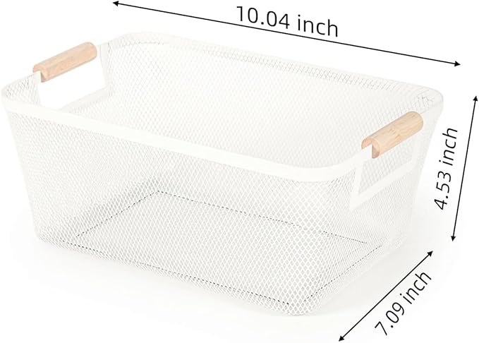 2-Pack Metal Mesh Basket, Small Wire Storage Organizer with Wood Handle for Kitchen Pantry, Bathroom, Cabinet, Closet, Picnic & Home Organization, Small, White