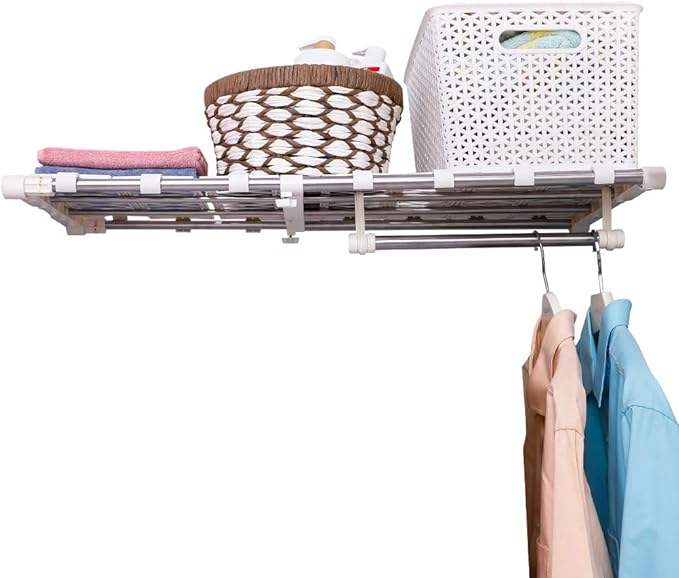 BAOYOUNI Adjustable Closet Shelf Extension Rod Clothes Storage Rack Organizer Hanger DIY Dividers Space Savers with 6 Mesh Spacers and 1 Hanging Rod, 21.65-35.43 in