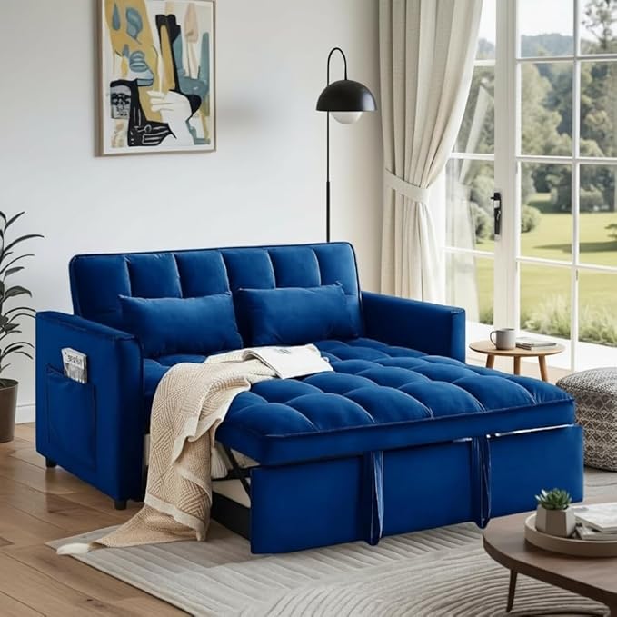 Convertible Sofa Bed, Love Seat Sleeper Bed with Side Pockets, 3 in 1 Velvet Fabric Pull Out Couch with Adjustable Backrest for Living Room, Bedroom, Apartment, Blue