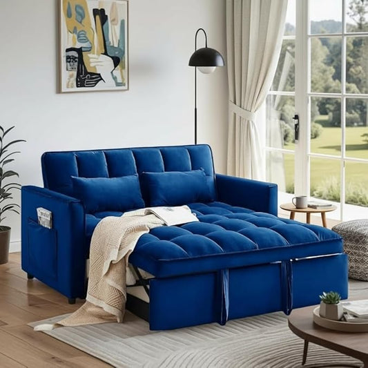 Convertible Sofa Bed, Love Seat Sleeper Bed with Side Pockets, 3 in 1 Velvet Fabric Pull Out Couch with Adjustable Backrest for Living Room, Bedroom, Apartment, Blue
