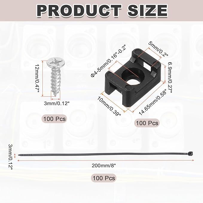MECCANIXITY 240pcs 0.58" Cable Tie Saddle Type Mounts Base with 8" Cable Zip Ties and M3 Tapping Screws, Wire Organizer Holder Clamps Set, Black