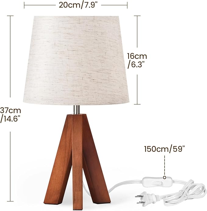 Wood Tripod Table Lamp — Warm Ambient Glow, Beige Fabric Shade