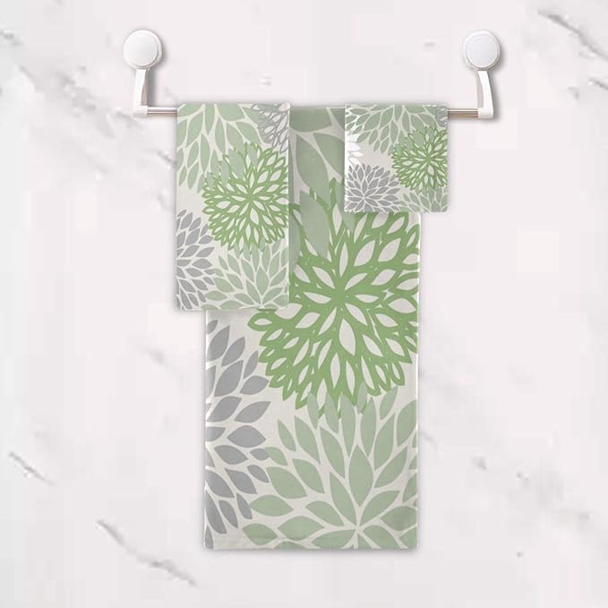 3 Piece Sage Green Dahlia Bath Towels Set,Microfiber Absorbent Grey White Green Floral Towels for Bathroom,1 Bath Towel,1 Hand Towel,1 Washcloth,Modern Abstract Decorative Bathroom Towels