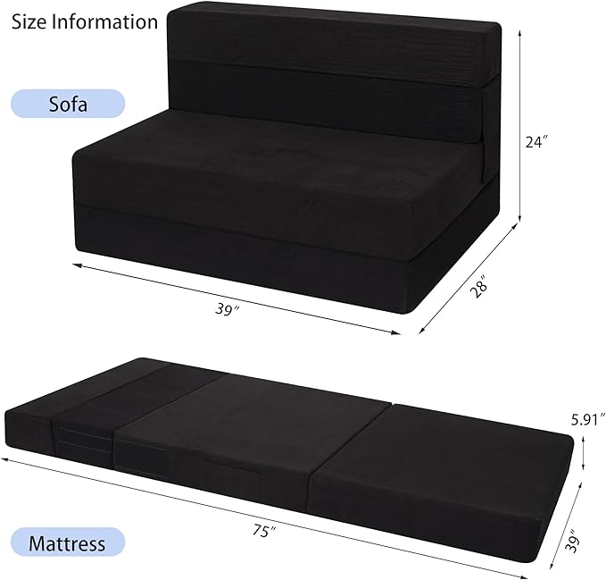 Sofa Bed Foldable Mattress ，Folding Sleeper Sofa Chair Bed Floor Mattress with Pillow for Living Room Home Office (Black-Corduroy, Twin)