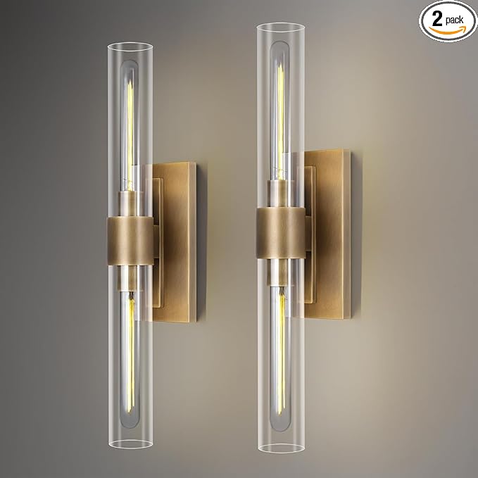 Brass Wall Sconces, 22.8" Bathroom Wall Sconce, Antique Brass Wall Sconces Set of 2, 2-Light Dimmable Wall Sconce, Sconces Wall Lighting With Glass, Bathroom Vanity Light, Tube Sconce for Living Room