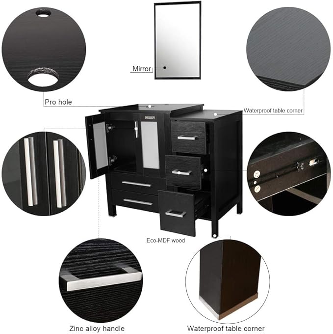 eclife 84" Modern Bathroom Vanity Sink Combo Freestanding Cabinet with Small Side Cabinet, White Boat Ceramic Vessel Sink, Water Save Faucet, Drain (Black+T44)