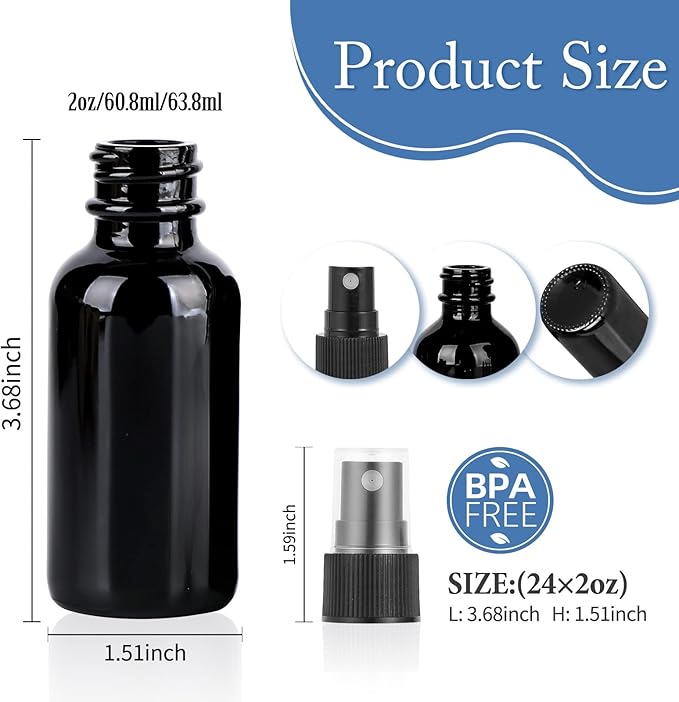 2oz Glass Spray Bottle, Fine Mist Boston Glass Bottles with Black Fine Mist Sprayer Small Clear Bottles for Essential Oils, Bath, Beauty, Hair & Cleaning, UV Black, Pack of 24