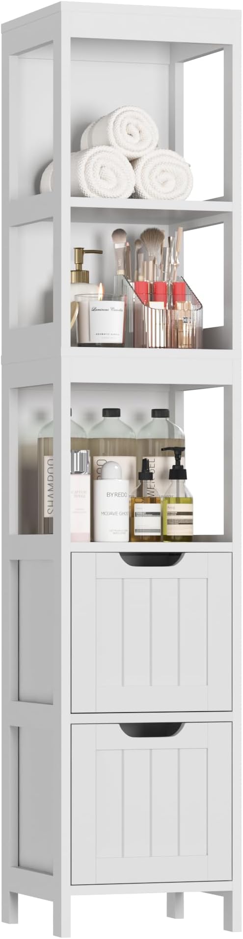 HOMEFORT Bathroom Storage Cabinet, Slim Tall Cabinet, Narrow Floor Cabinet Organizer, Wooden Linen Tower with 2 Drawers and 3 Shelves, Freestanding Cupboard White