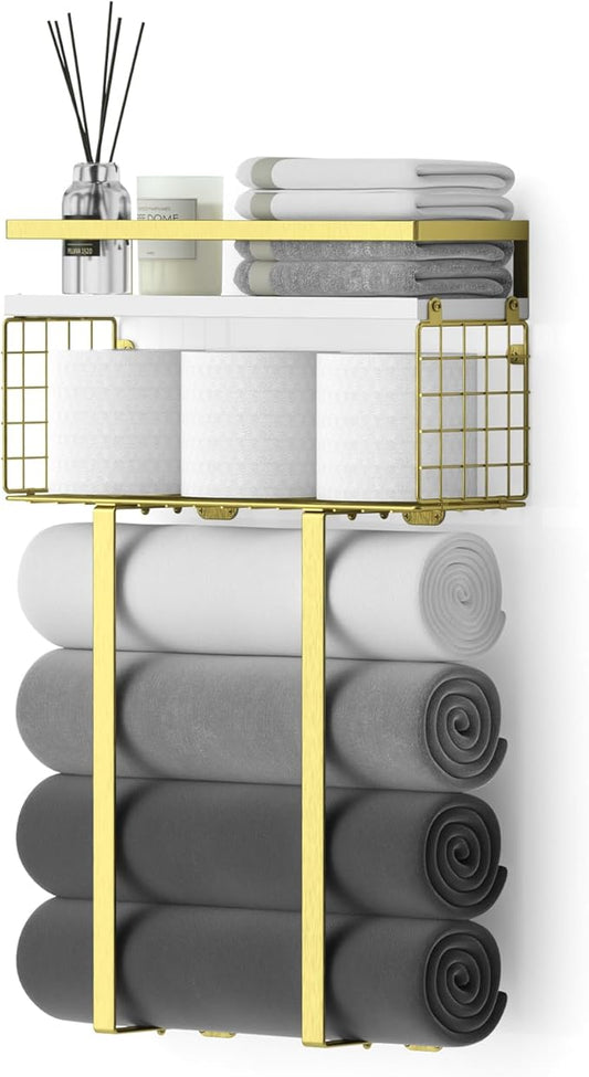 Towel Racks for Bathroom, Bathroom Shelf Over Toilet,Floating Shelves with Towel Rack Paper Holder Storage Basket,Floating Shelves for Wall Decor,Gold